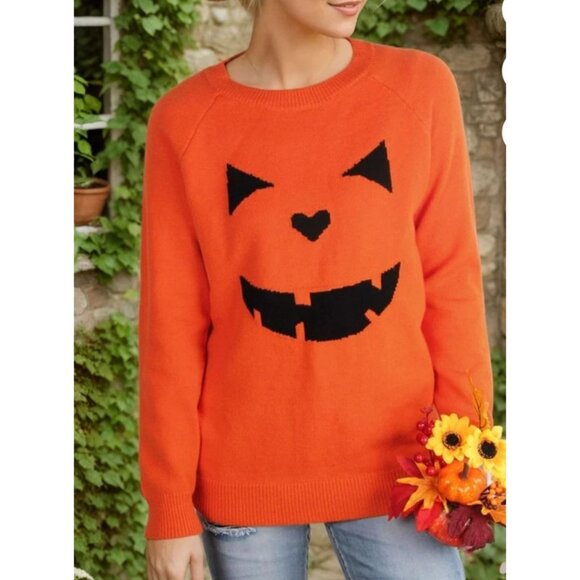Womens 2XL  Halloween Orange Sweater Pumpkin Face Design Cozy & Fun Festive - Picture 2 of 11